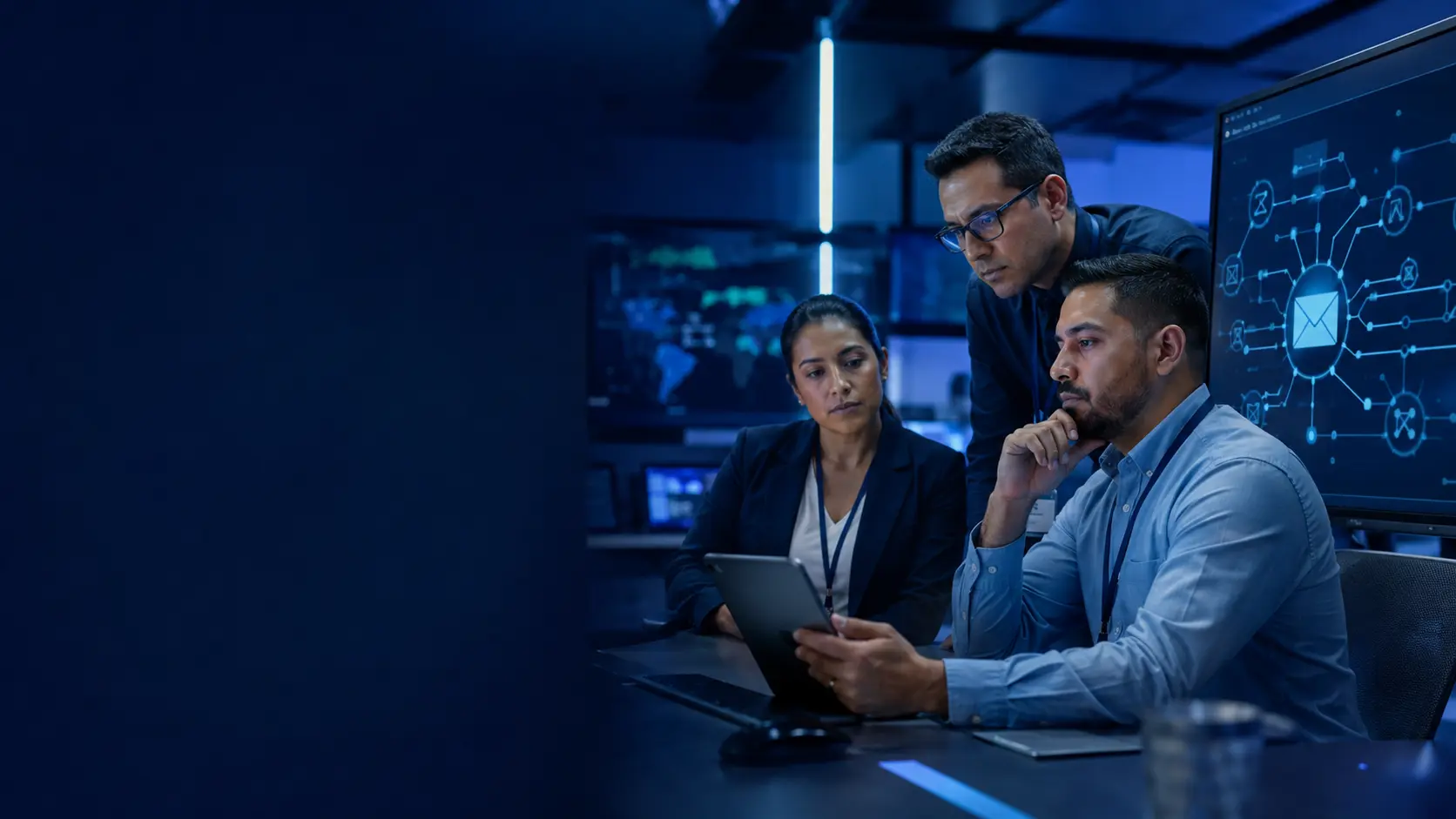 Equipo empresarial revisando riesgos de ciberseguridad